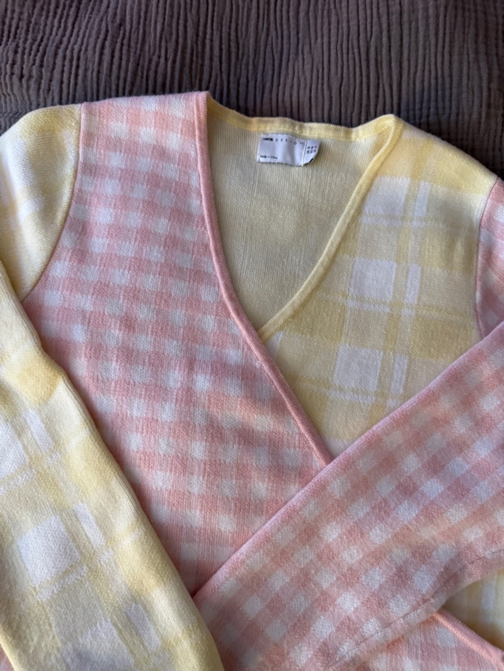 Pastel Pink & Yellow Gingham Wrap Sweater Cardigan - Picture 3 of 4